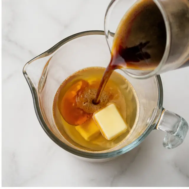 Step 2: Combining hot espresso with maple syrup and butter in a measuring cup