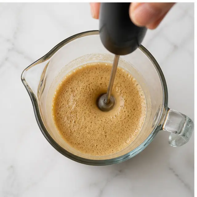 Step 3: Frothing the mixture with a handheld frother until thick golden foam forms