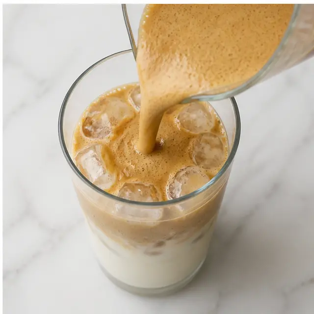 Step 4: Pouring the frothed coffee over the milk and ice, creating distinct layers