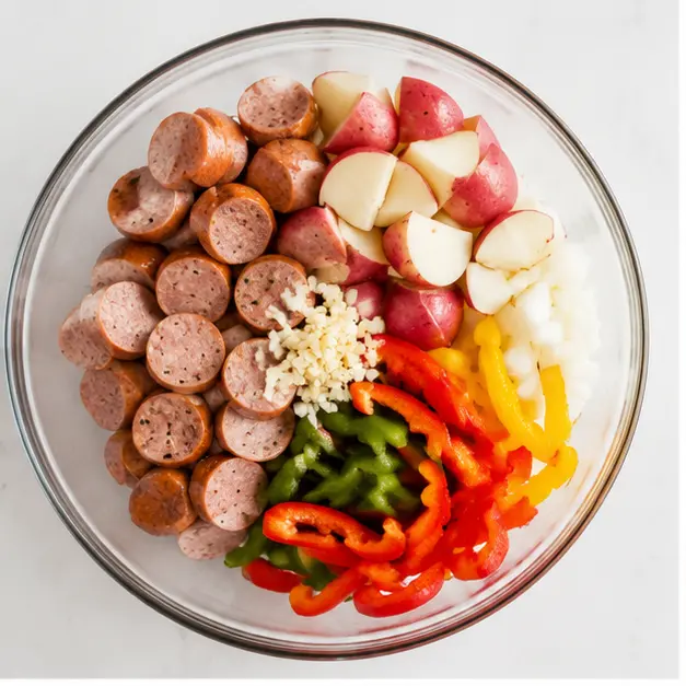 Step 1: Tossing sausage coins, potatoes, peppers, onion, and garlic with olive oil and Italian seasoning