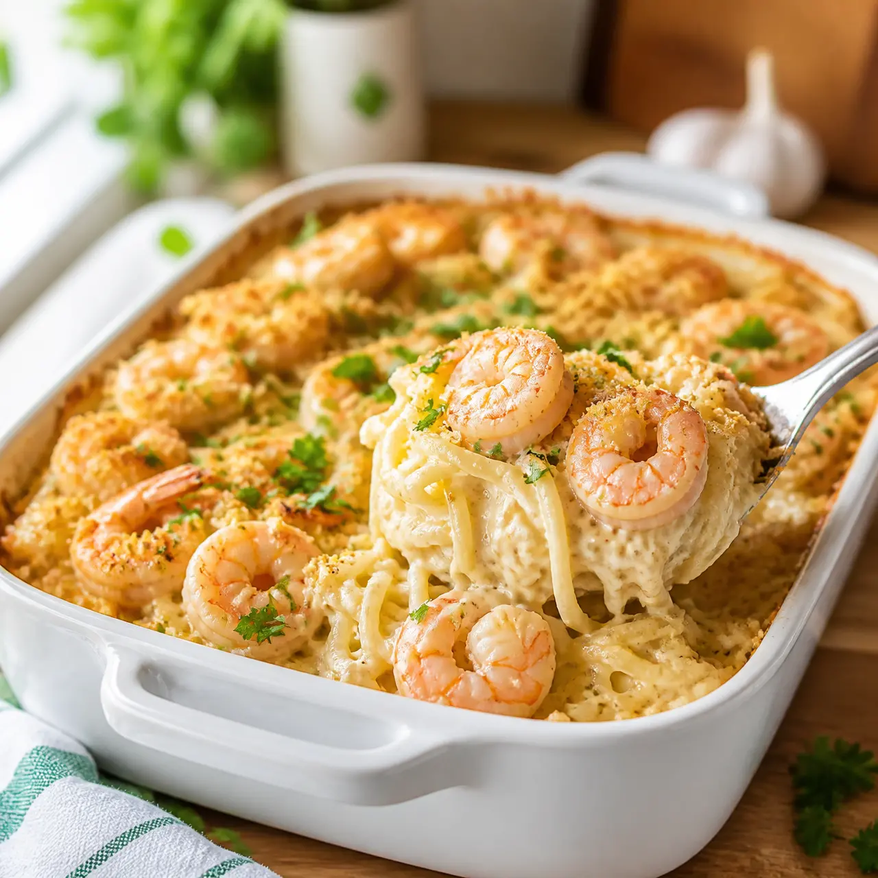 shrimp scampi pasta bake - final presentation