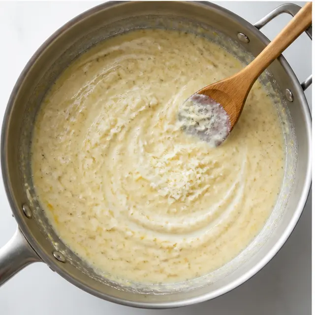 Step 3: Stir heavy cream and cheeses into a smooth sauce