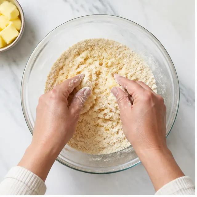 Rubbing cold butter into flour until the mixture looks like fine breadcrumbs