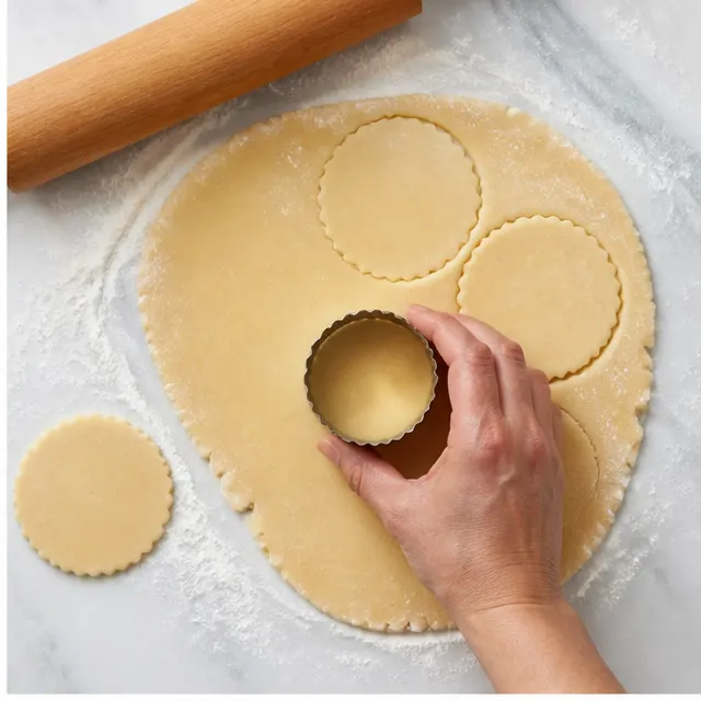 Rolling the dough and cutting rounds with a 3-inch cookie cutter