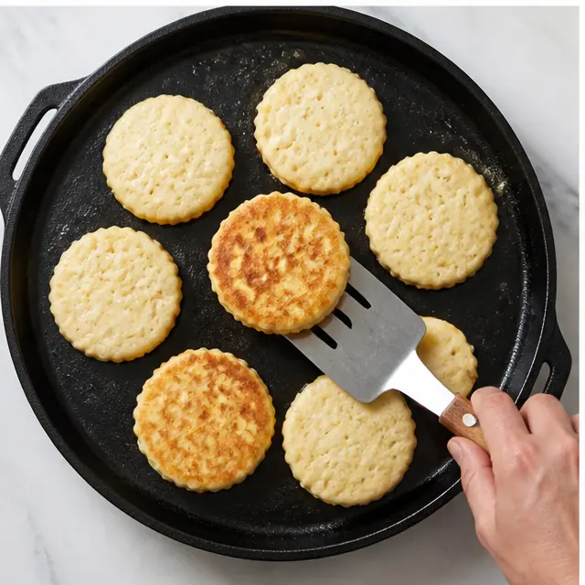 Griddle-cooking the cakes on medium-low heat until golden brown