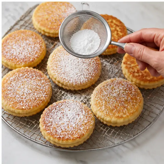 Dusting the warm cakes with superfine sugar in a spider web pattern