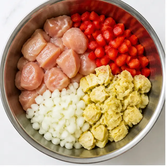 Cut chicken into 1-inch chunks and prep all vegetables in a large bowl