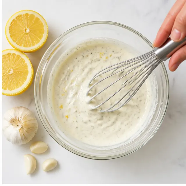 Whisk mayonnaise, garlic, lemon, and herbs into a creamy sauce