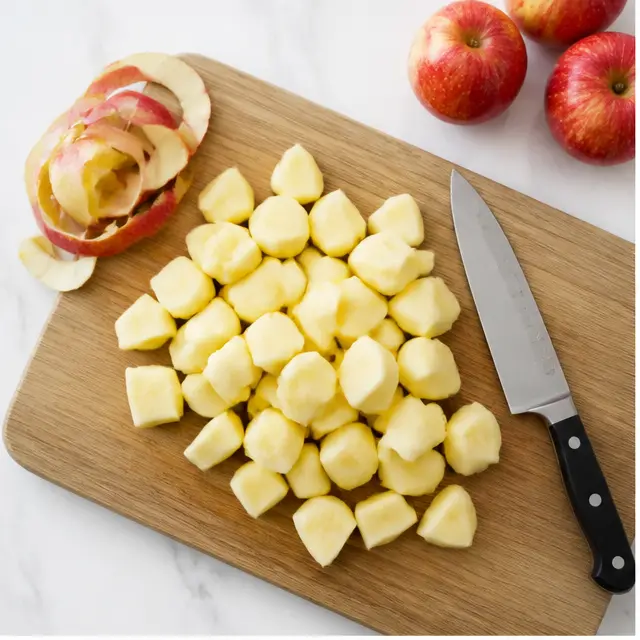 Step 1: Peeling and coring apples into 1/2-inch chunks on a cutting board.