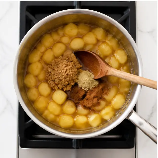 Step 3: Stirring brown sugar, cinnamon, and cardamom into the softened apples.