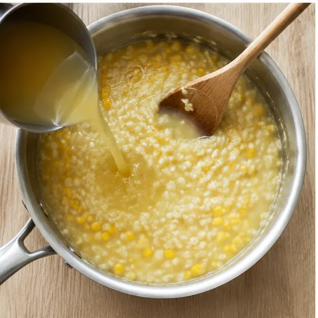 Step 3: Ladle warm broth into the rice and fold in corn kernels