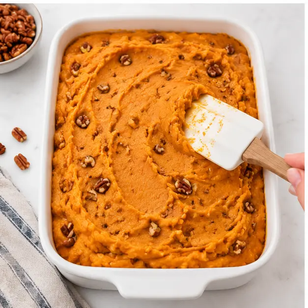 Step 3: Fold chopped pecans into the filling and spread into the baking dish