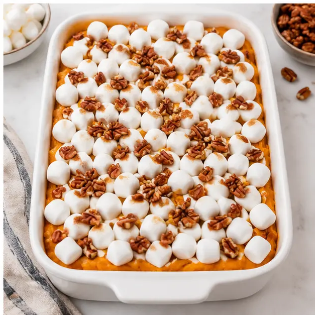 Step 4: Top with marshmallows and pecans, then bake until golden