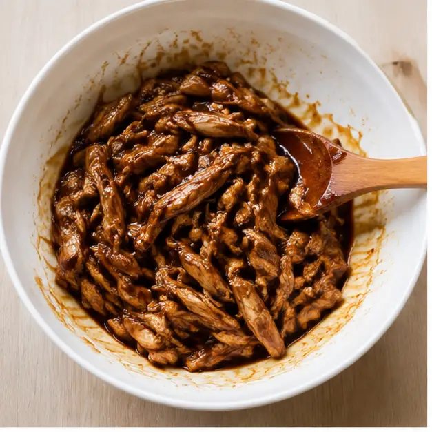 Toss shredded chicken with teriyaki sauce until glossy