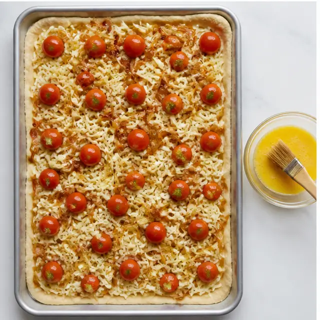 Step 3: Layering three cheeses, caramelized onions, and whole cherry tomatoes in the pan