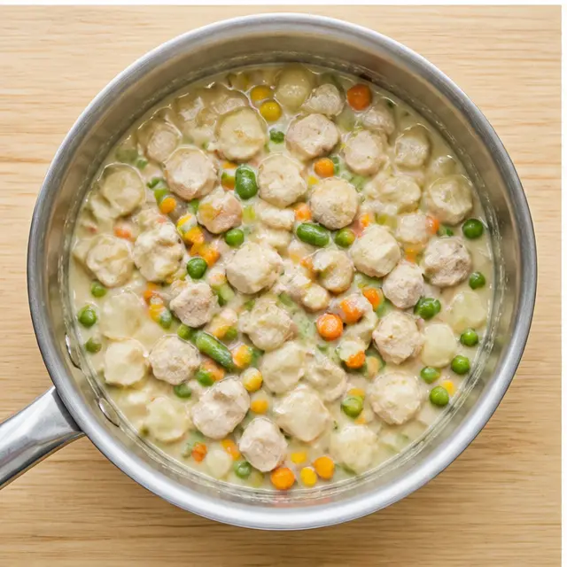 Step 3: Folding turkey, frozen mixed vegetables, and potato into the creamy sauce