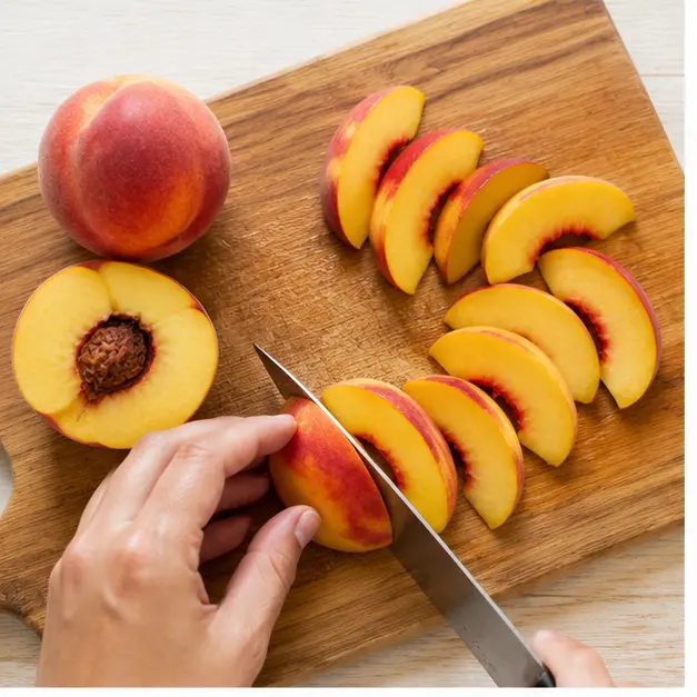 Step 1: Slicing ripe peaches into thin wedges