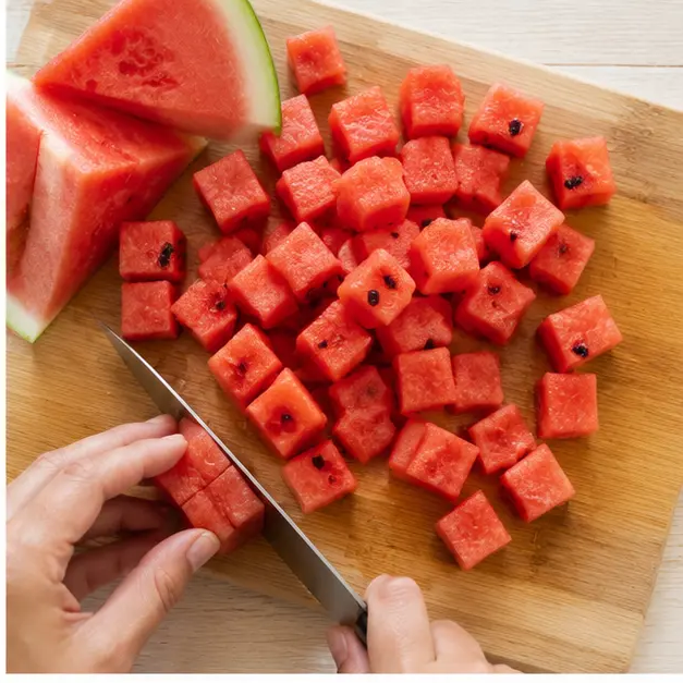 Step 2: Cubing watermelon into bite-size pieces