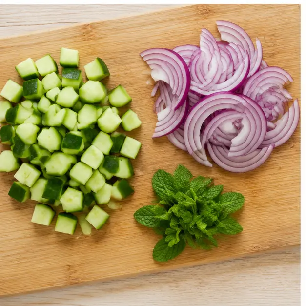 Step 3: Dicing cucumber and slicing red onion