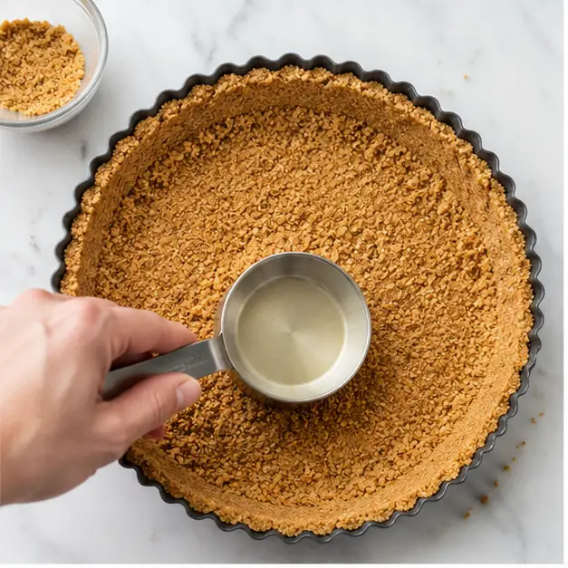 Step 1: Pressing the graham cracker crumb crust into the fluted tart pan