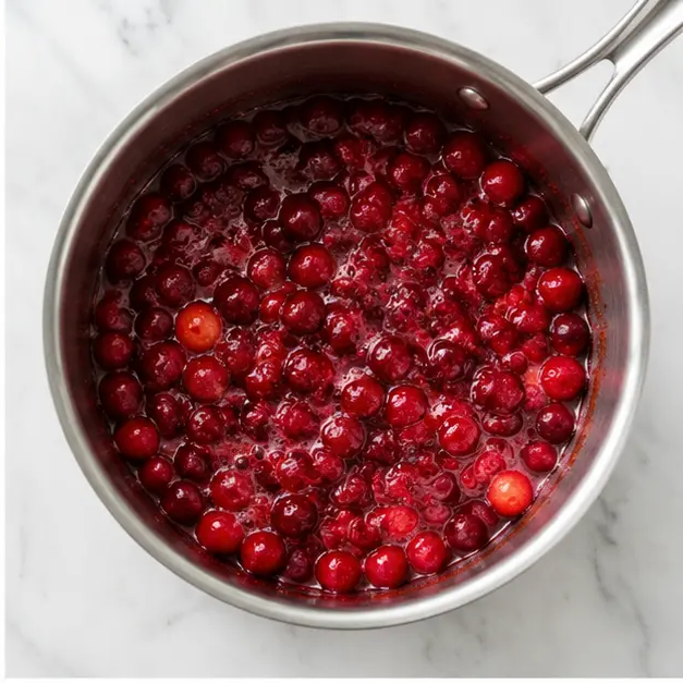 Step 2: Simmering cranberries with sugar and water until they pop and thicken
