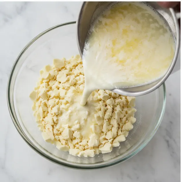 Step 3: Pouring hot cream and butter over chopped white chocolate to make ganache