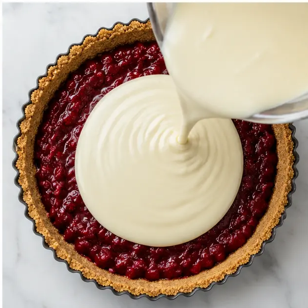 Step 4: Layering silky white chocolate ganache over the cranberry filling in the assembled tart