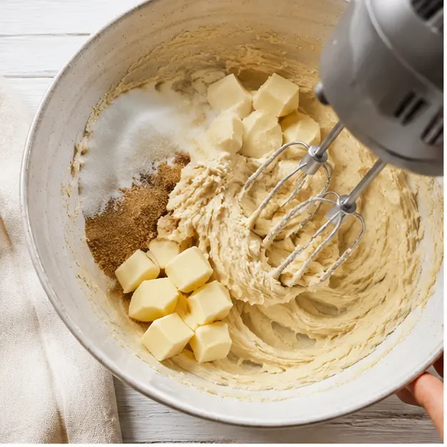 Step 1: Beating cold cubed butter with granulated and brown sugar until pale and ribbony