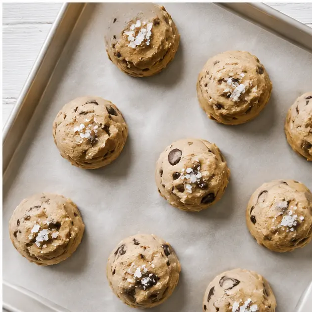 Step 4: Scooping large dough balls onto a parchment-lined sheet and sprinkling with flaky salt