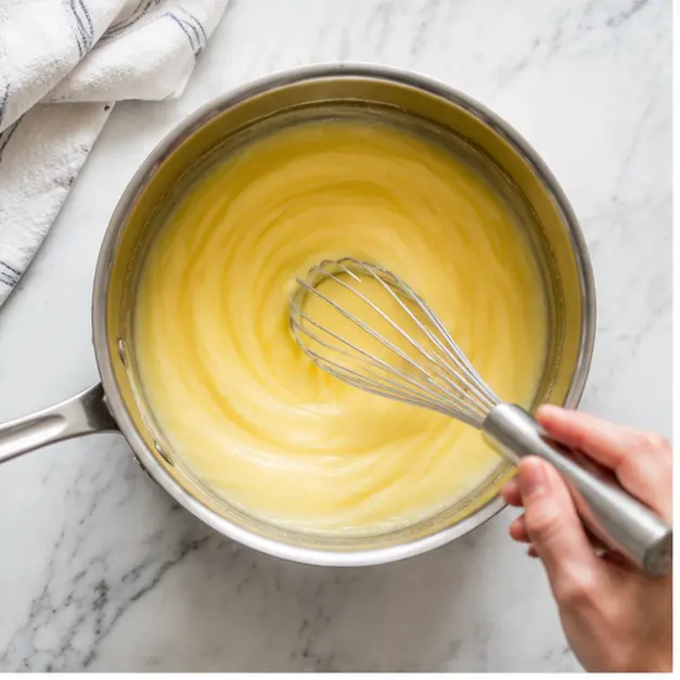 Whisking the milk and egg yolk mixture into the flour and sugar over medium-low heat until thick