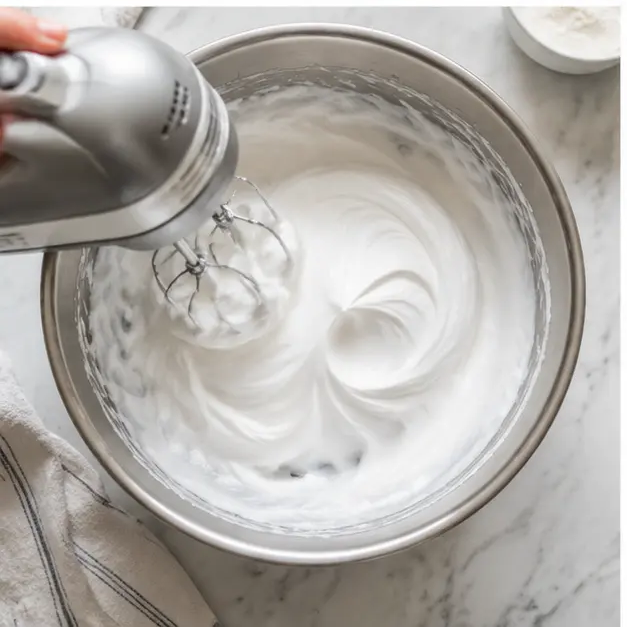 Beating egg whites with sugar and cream of tartar to stiff, glossy peaks