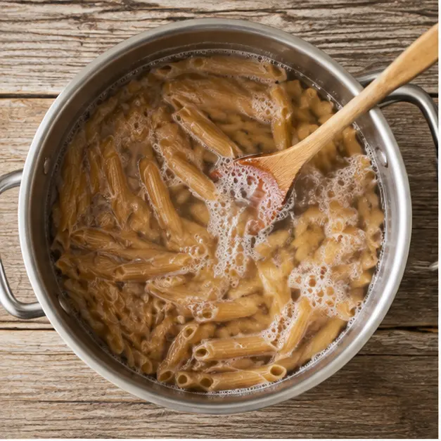 Boiling whole wheat penne pasta in salted water