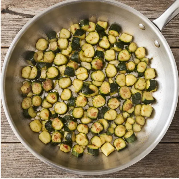 Sautéing diced zucchini until golden in olive oil