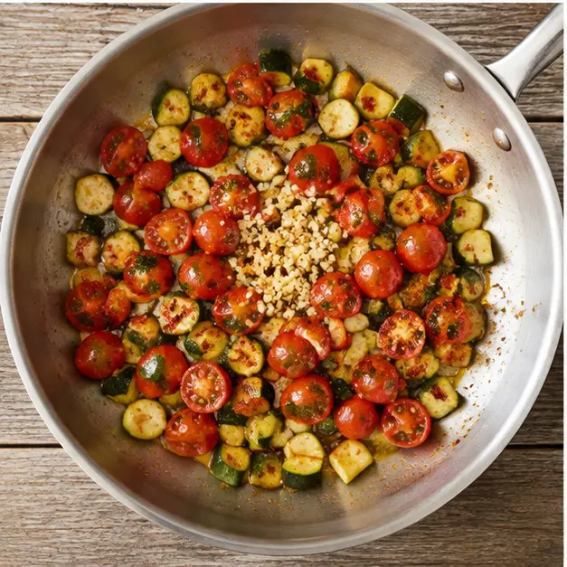 Adding halved tomatoes and garlic to create the sauce