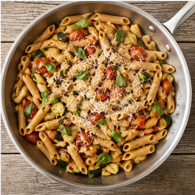 Tossing cooked penne with fresh basil and glossy sauce